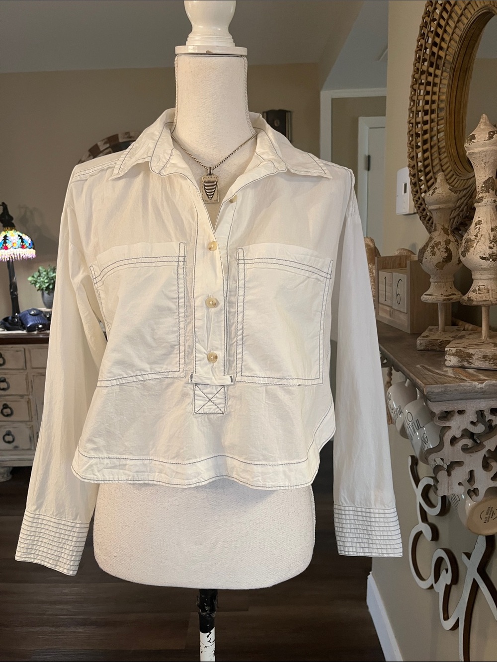 Pilcro White Cropped Button Pullover Top